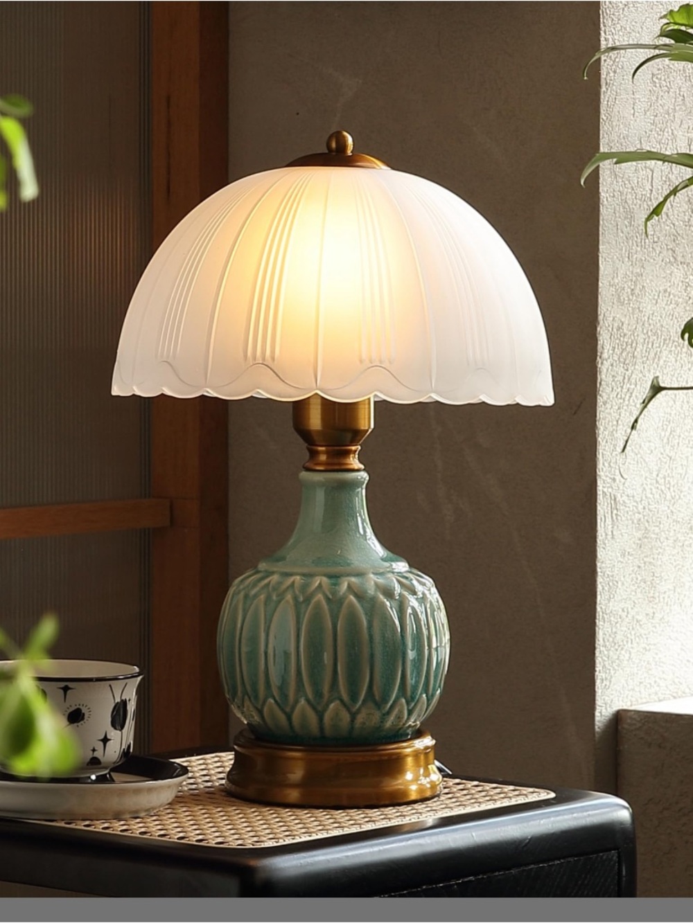 16” Vintage Green Ceramic Mushroom Table Lamp Mid Century Modern
